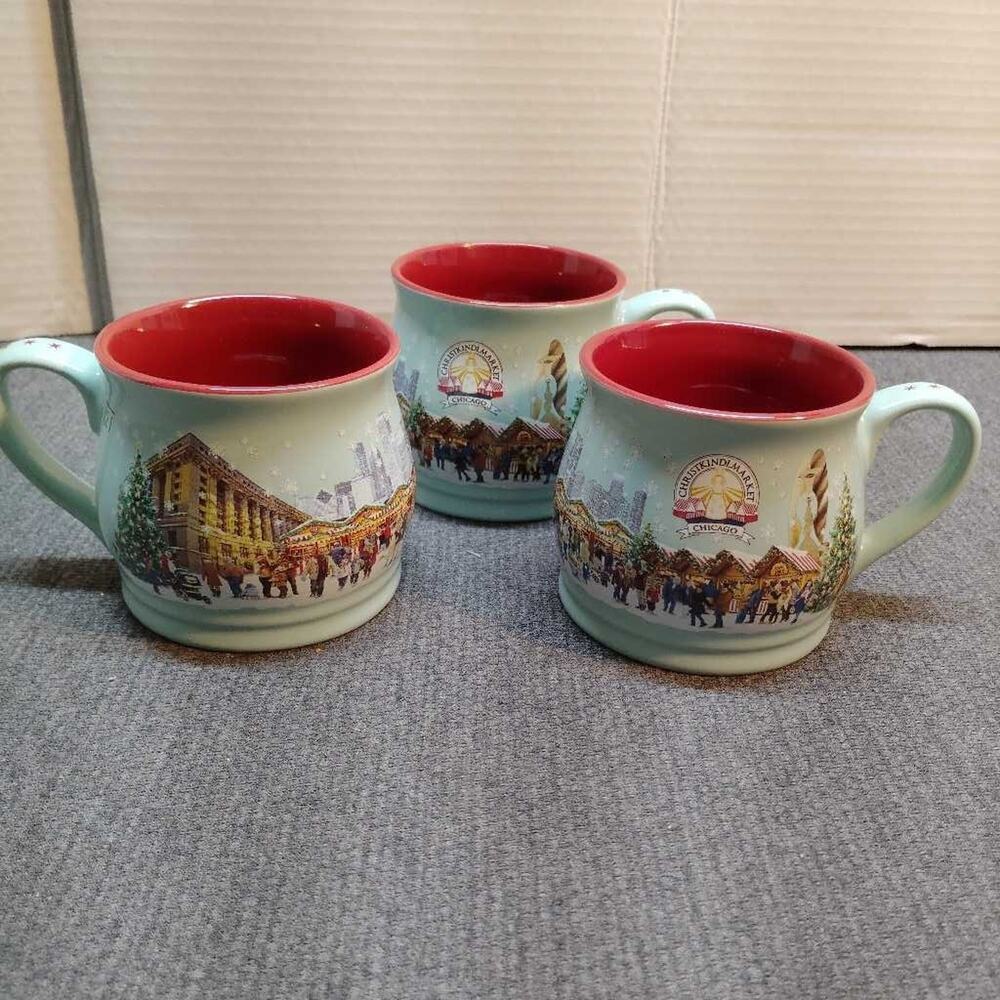 Christmas Market Mugs Set of 3 Chicago 0.2L Ceramic Red Interior Germany